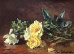 Alan Sutherland Bn 1931 British Artist Signed Oil Still Life Painting White And Yellow Roses