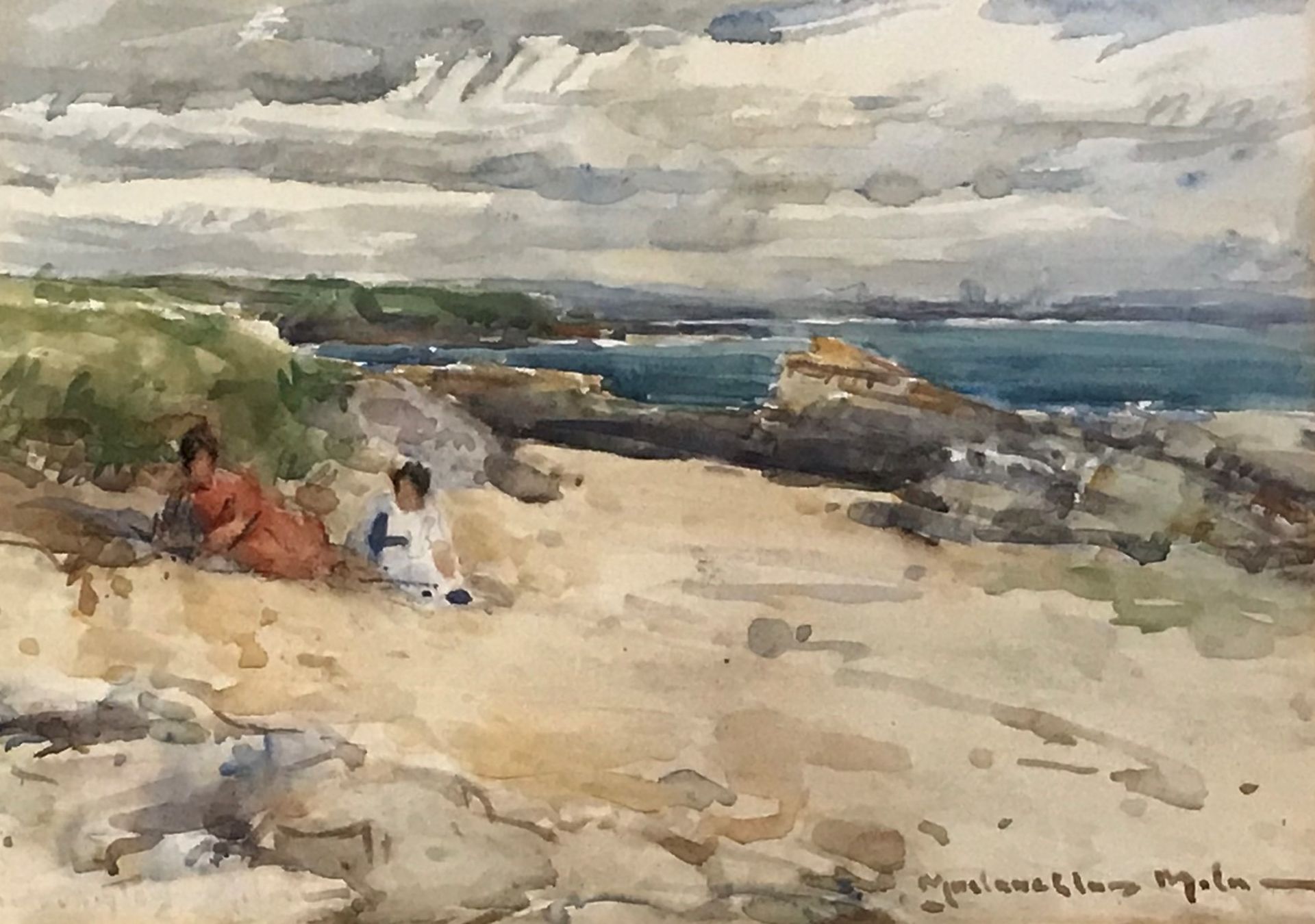 John Malaughlan Milne A.R.S.A, R.S.A, Watercolour Children On The Sand Dunes - Image 2 of 4