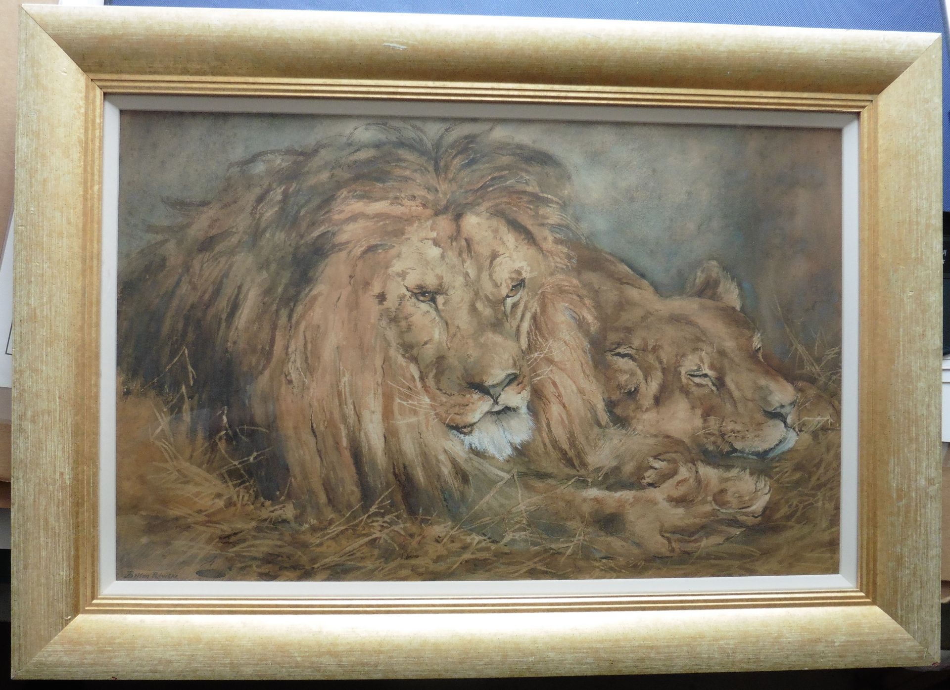 Briton Rivière 1840 - 1920 Large Signed Watercolour Lion And Lioness Resting - Image 3 of 6