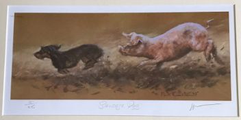 Limited Edition Pencil Signed Titled And Numbered Print Pig Chasing A Dachshund  "Sausage Dog"