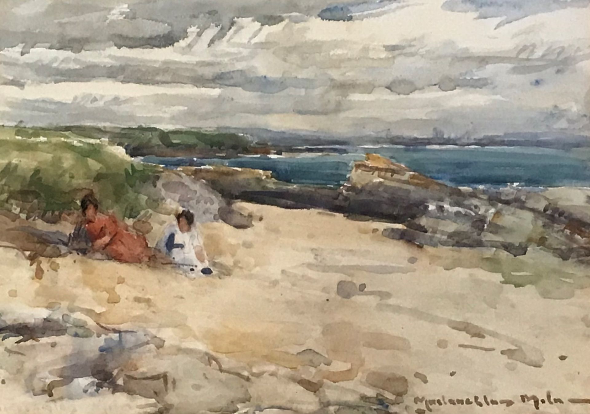 John Malaughlan Milne A.R.S.A, R.S.A, Watercolour Children On The Sand Dunes