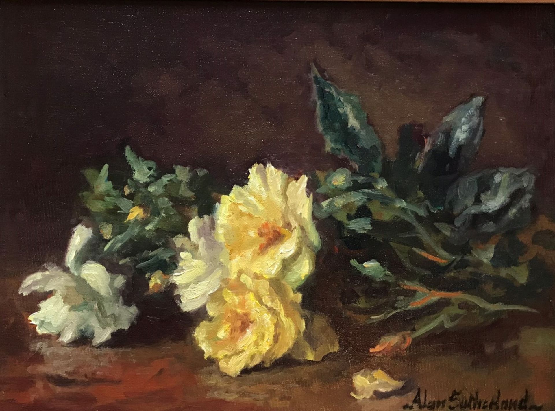 Alan Sutherland Bn 1931 British Artist Signed Oil Still Life Painting White And Yellow Roses - Image 4 of 4