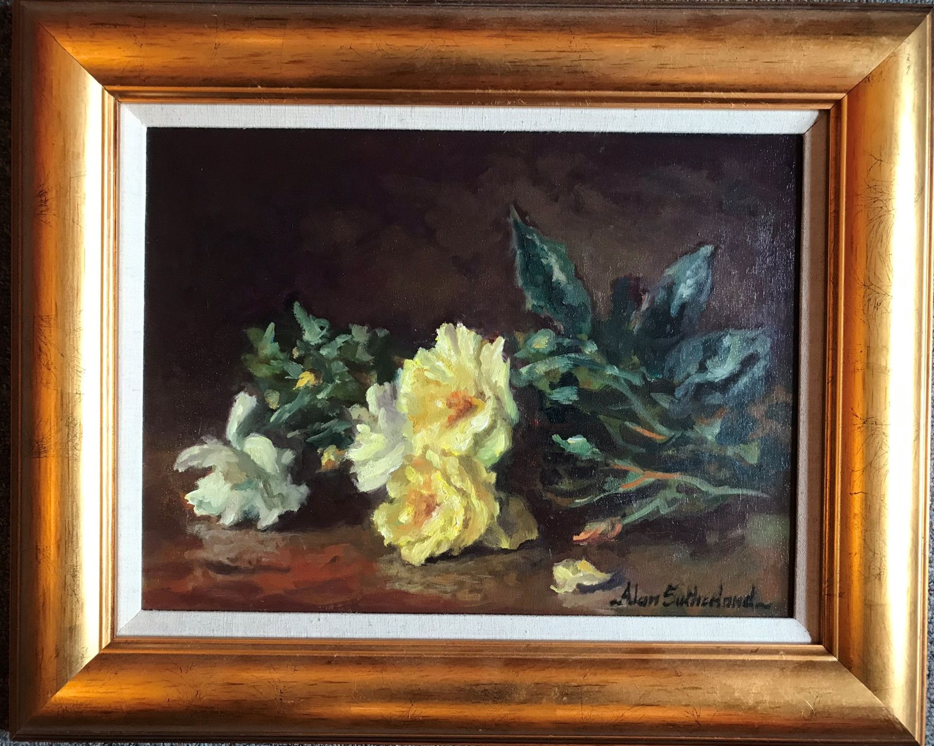 Alan Sutherland Bn 1931 British Artist Signed Oil Still Life Painting White And Yellow Roses - Image 3 of 4