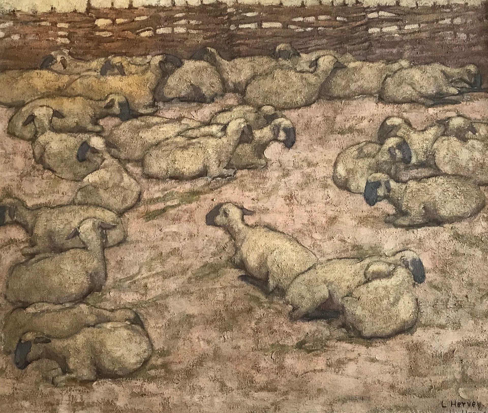 L Hervey Signed Oil On Canvas, Flock Of Sheep