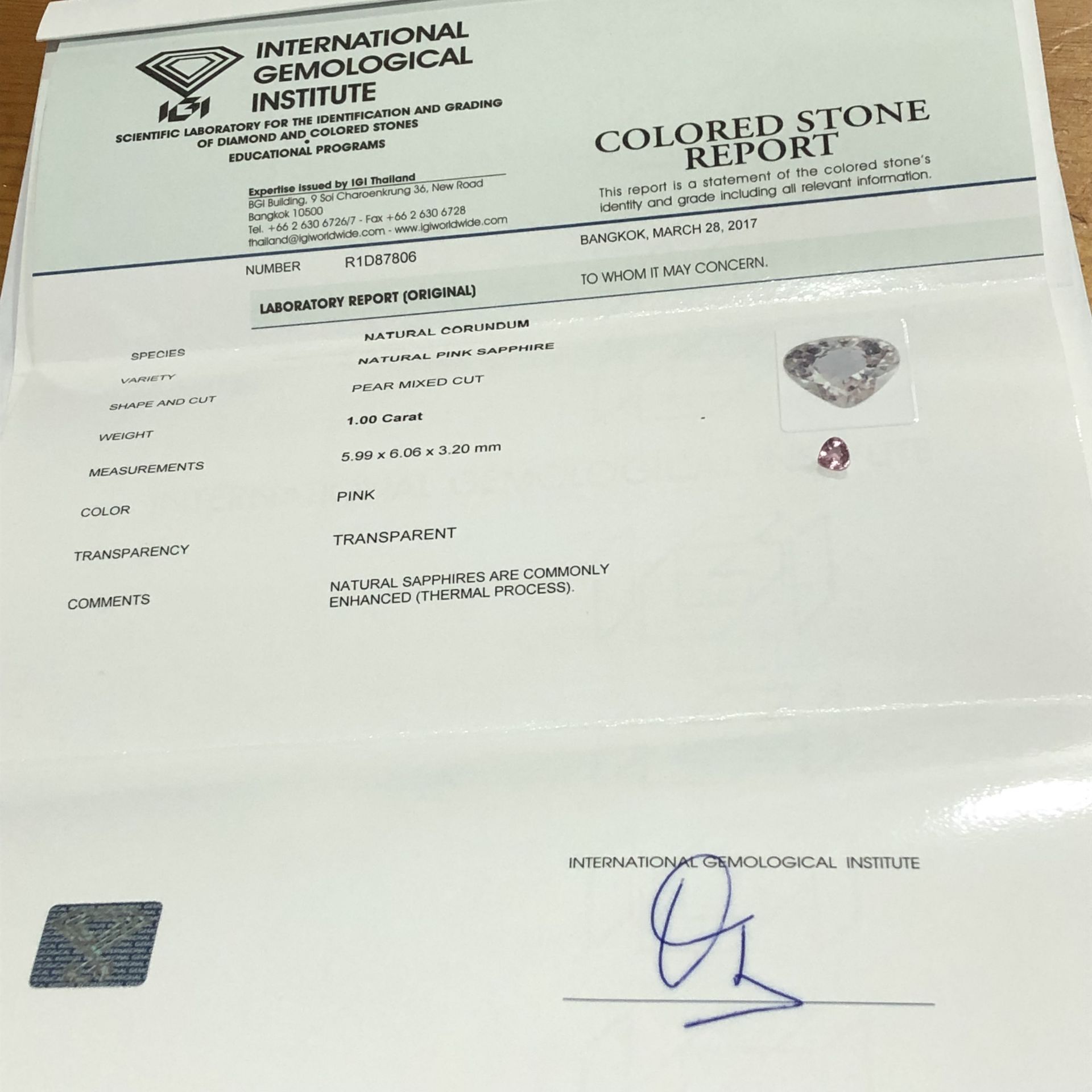 1.00ct Natural Pink Sapphire with IGI Certificate - Image 3 of 4