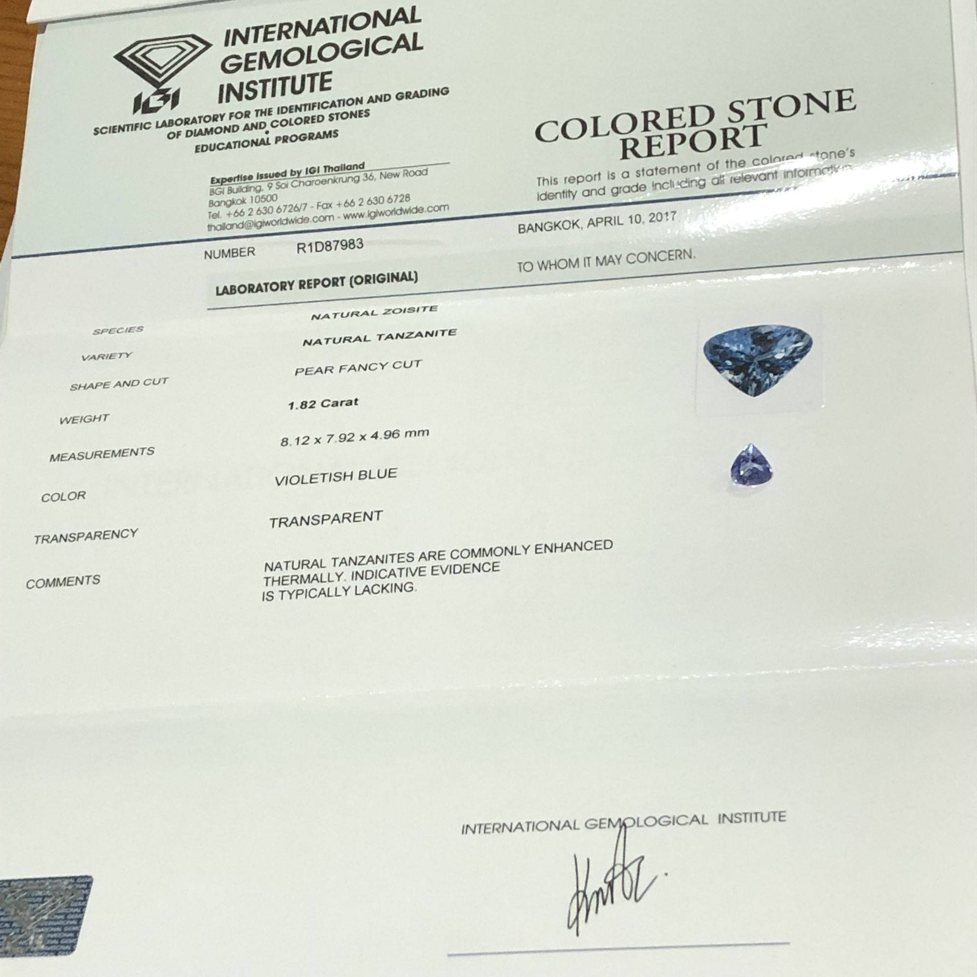 1.82ct Natural Tanzanite with IGI Certificate - Image 4 of 4