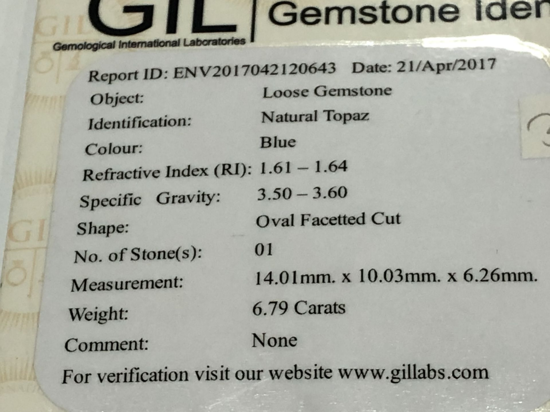 6.79ct Natural Topaz with GIL Certificate - Image 3 of 3