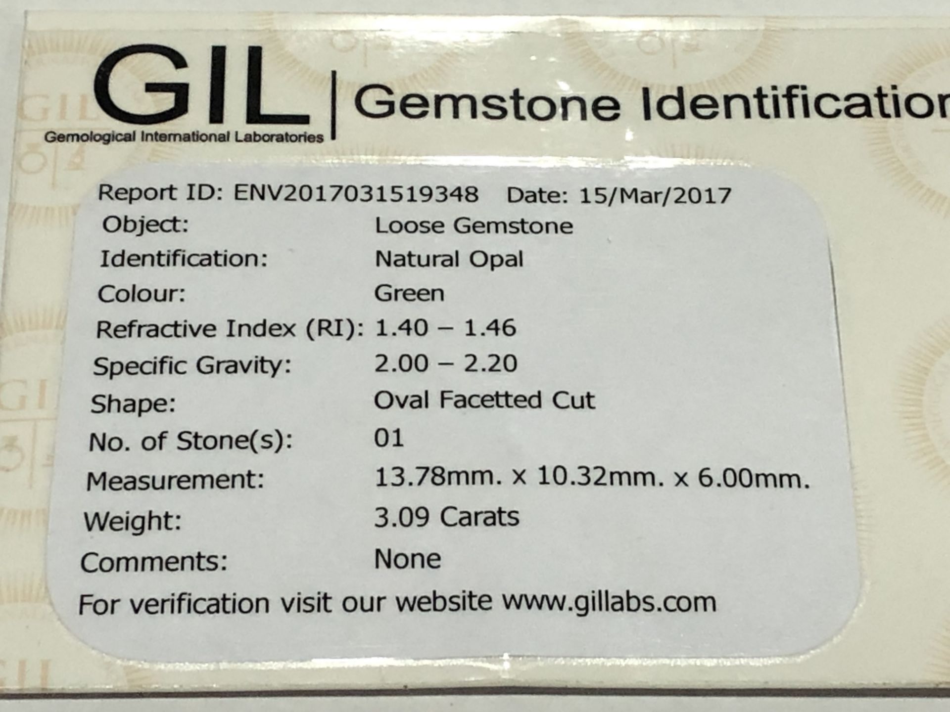 3.09ct Natural Opal with GIL Certificate - Image 3 of 3