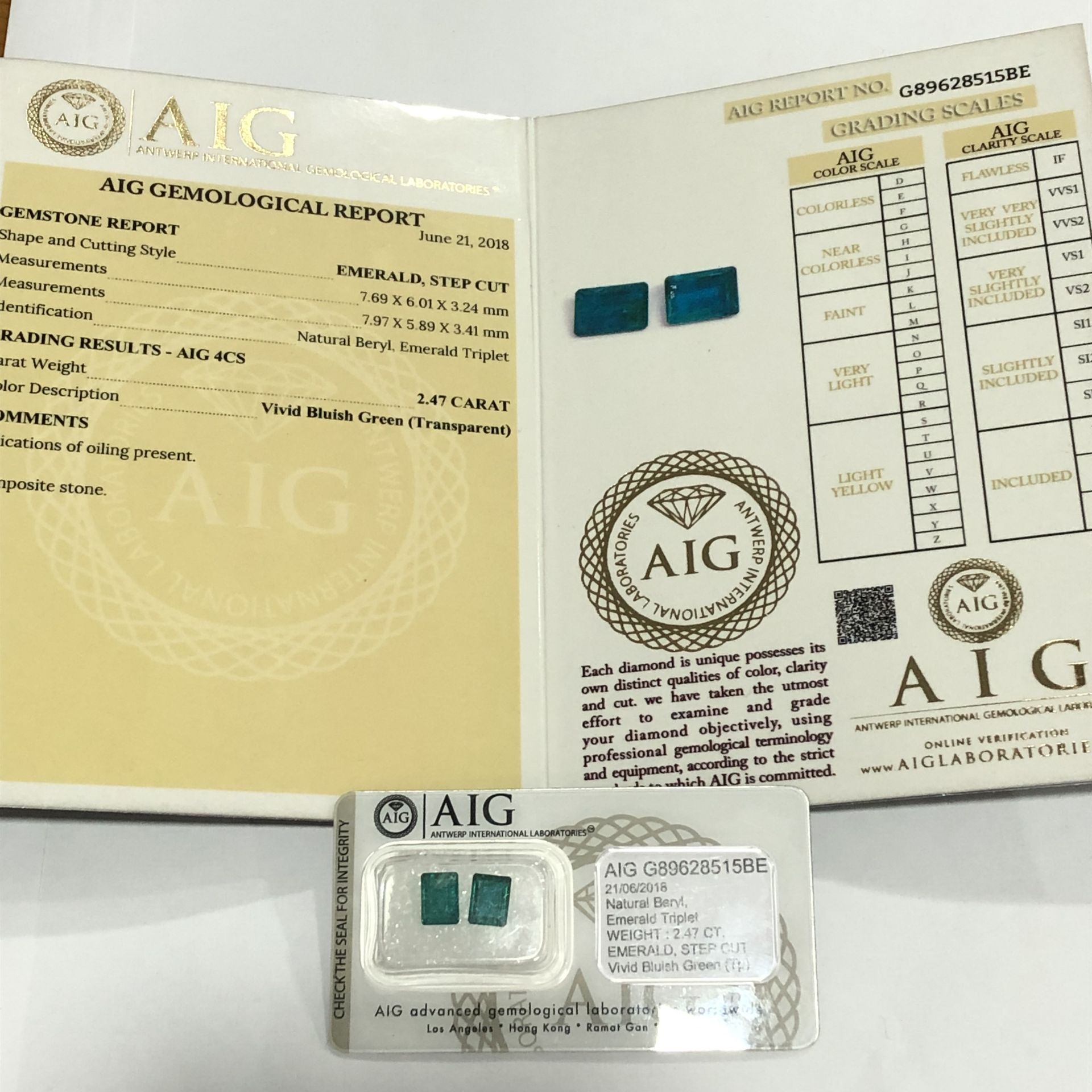 2.47ct Pair of Natural Emeralds with AIG Certificate - Image 2 of 2