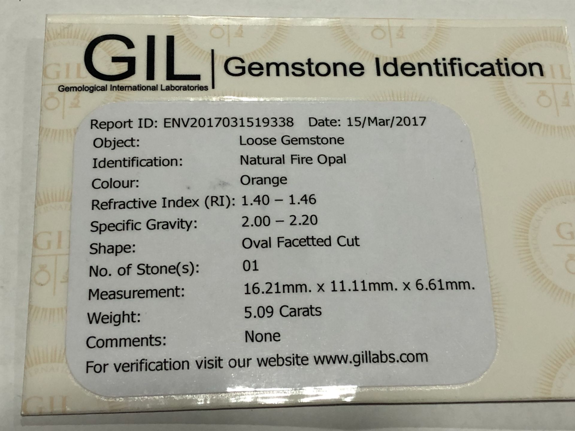 5.09ct Natural Fire Opal with GIL Certificate - Image 3 of 3