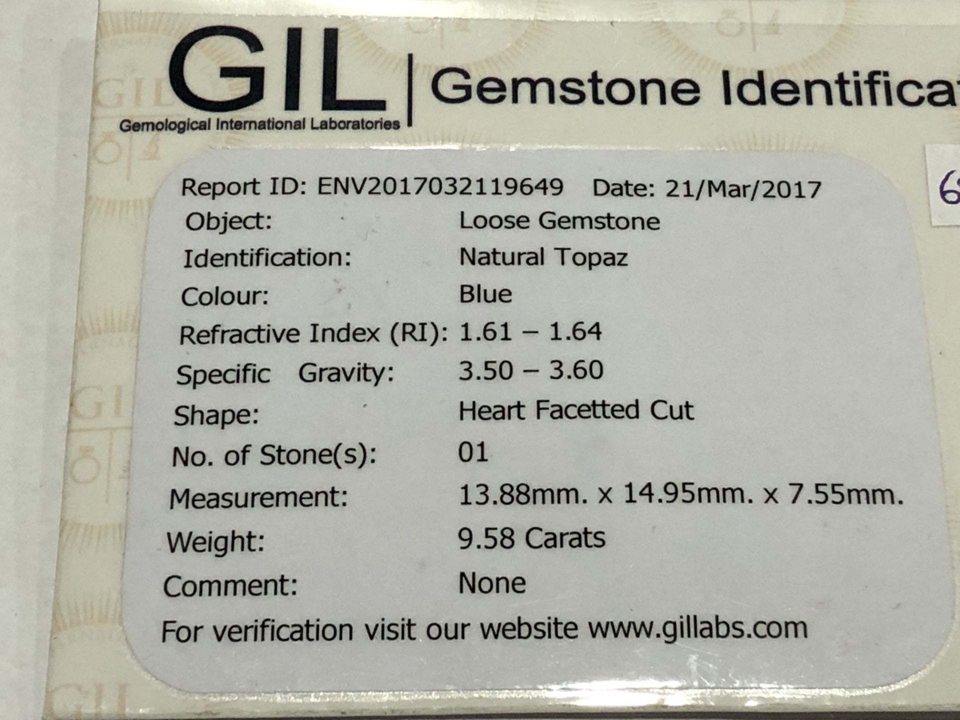 9.58ct Natural Topaz with GIL Certificate - Image 3 of 3