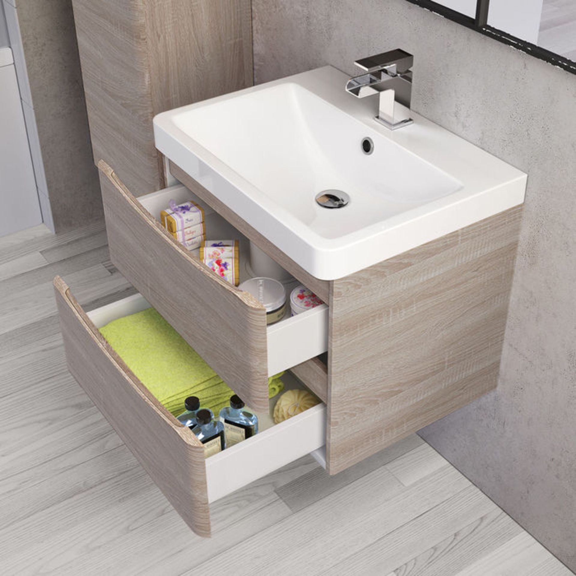 (LP12) 600mm Austin II Light Oak Effect Built In Basin Drawer Unit - Wall Hung. RRP £499.99. Comes - Image 2 of 3