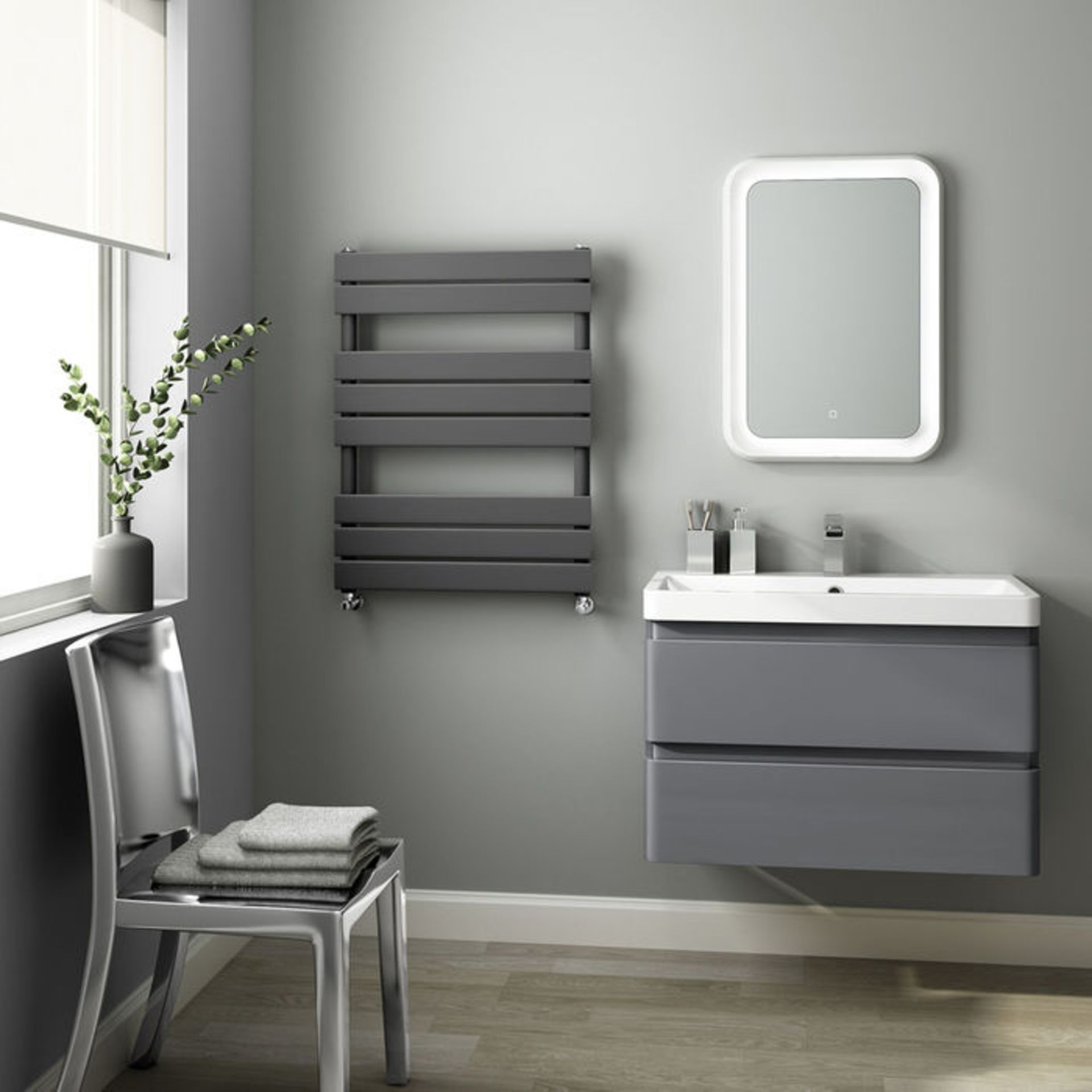 (LP18) 800x600mm Anthracite Flat Panel Ladder Towel Radiator. RRP £249.99. Made with low carbon - Image 2 of 3