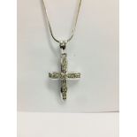 18K White Gold Ladies Diamond Cross with 16" solid snake chain, 3.2g/0.50g