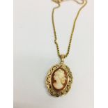 9K yellow Gold solid 18" box chain with 9ct yellow Gold Cameo pendant