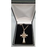 Vintage Retro Jewellery Silver Cross and Chain 1948 Inlaid Mother of Pearl and Marcasite. The