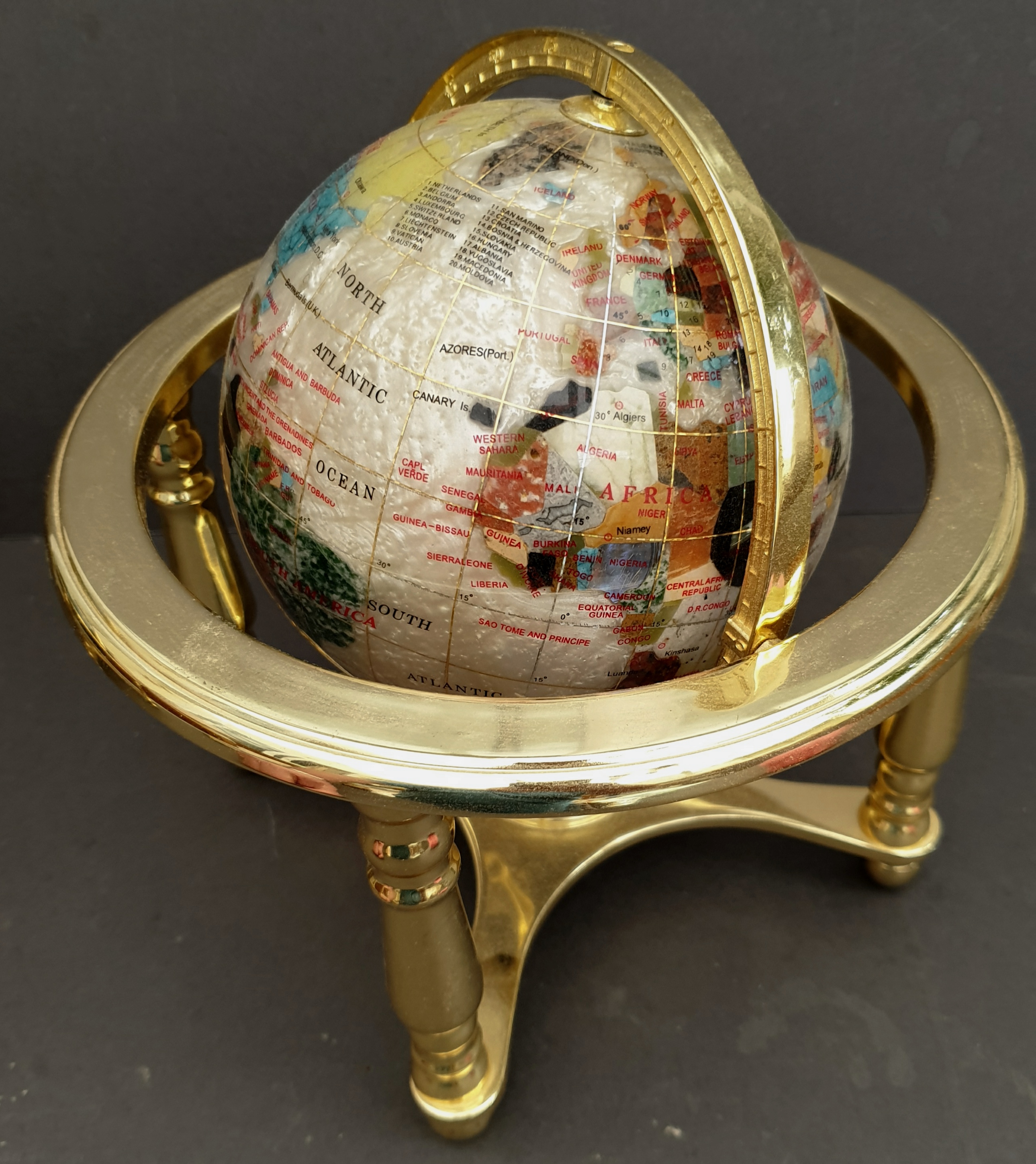 Vintage Retro Collectable Globe Inset With Agate Shell and Mother of Pearl on a Mother of Pearl