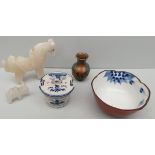 Vintage Collectable Parcel of 5 Items Includes Stone Horse Figures Enamelled Vase & Japanese Bowl.