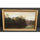 Antique Art Oil On Canvas Painting Country Scene Glazed and Framed 14 inch by 22 inch Signed J.