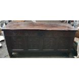 Antique Planked Coffer Chest c1600's With Internal Candle Box V Cut End Feet Original Hinges & Lock.