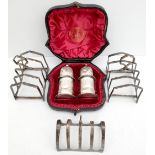 Antiques Sterling Silver Victorian Salt and Pepper Boxed London 1882 and Three Toast Racks