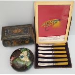 Antique Vintage Collectable Fruit Knives Biscuit Tin Tied Fly Cloisonné Pot. The Salmon Fly was tied