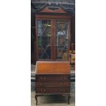 Antique Vintage Early 20th Century Georgian Style Glazed Bookcase Bureau with swan neck pediment.