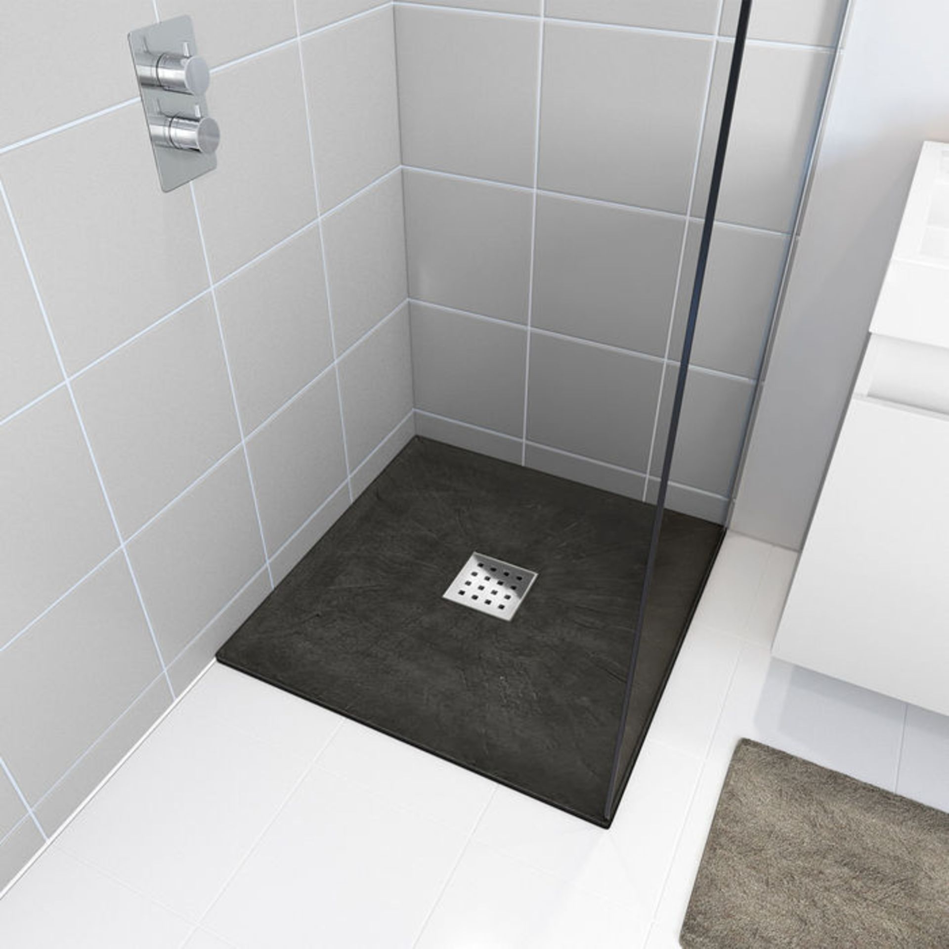 (CS50) 900x900mm Square Slate Effect Shower Tray & Chrome Waste. Handcrafted from high-grade stone