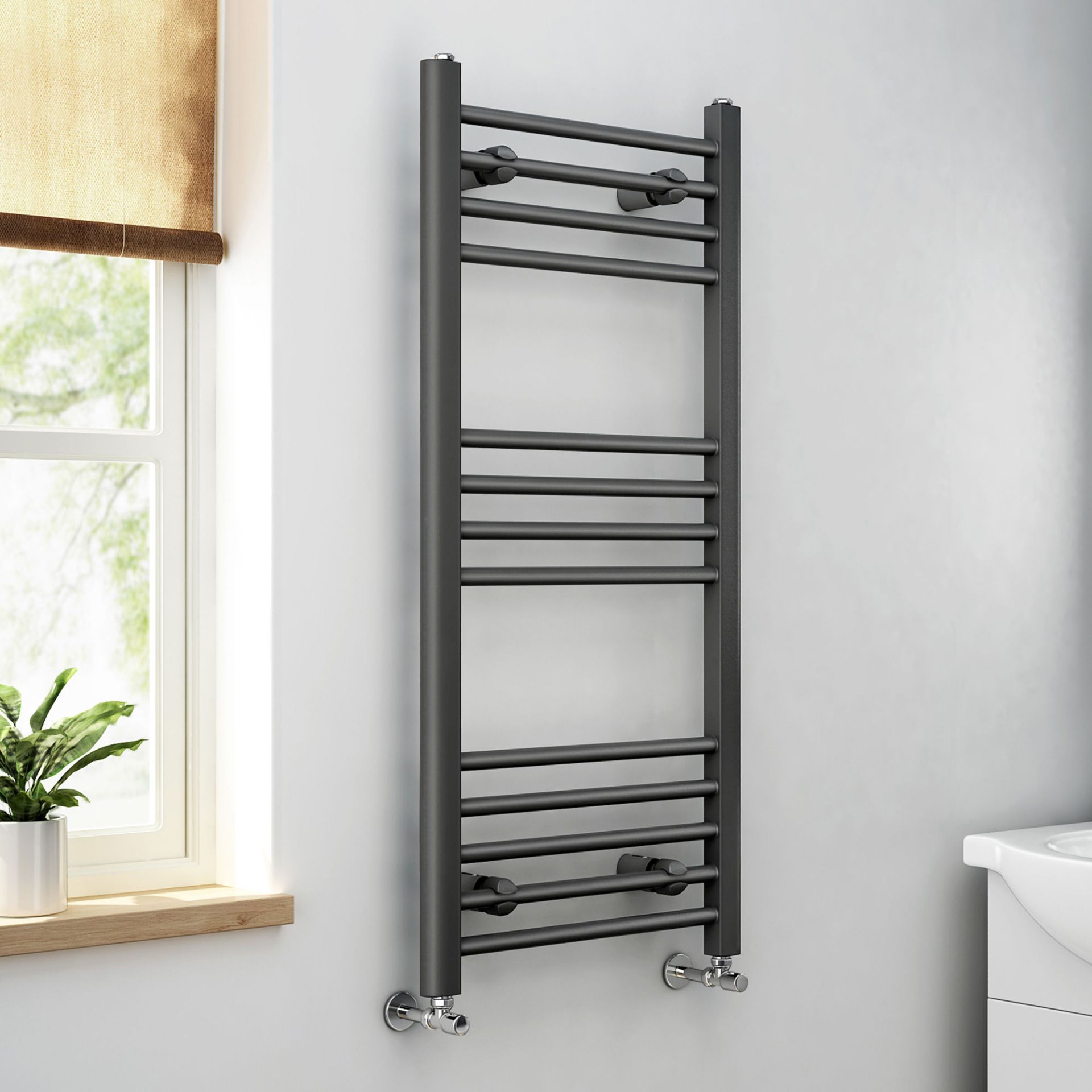 (JM219) 1000x450mm - 20mm Tubes - Anthracite Heated Straight Rail Ladder Towel Radiator. RRP £64.99.