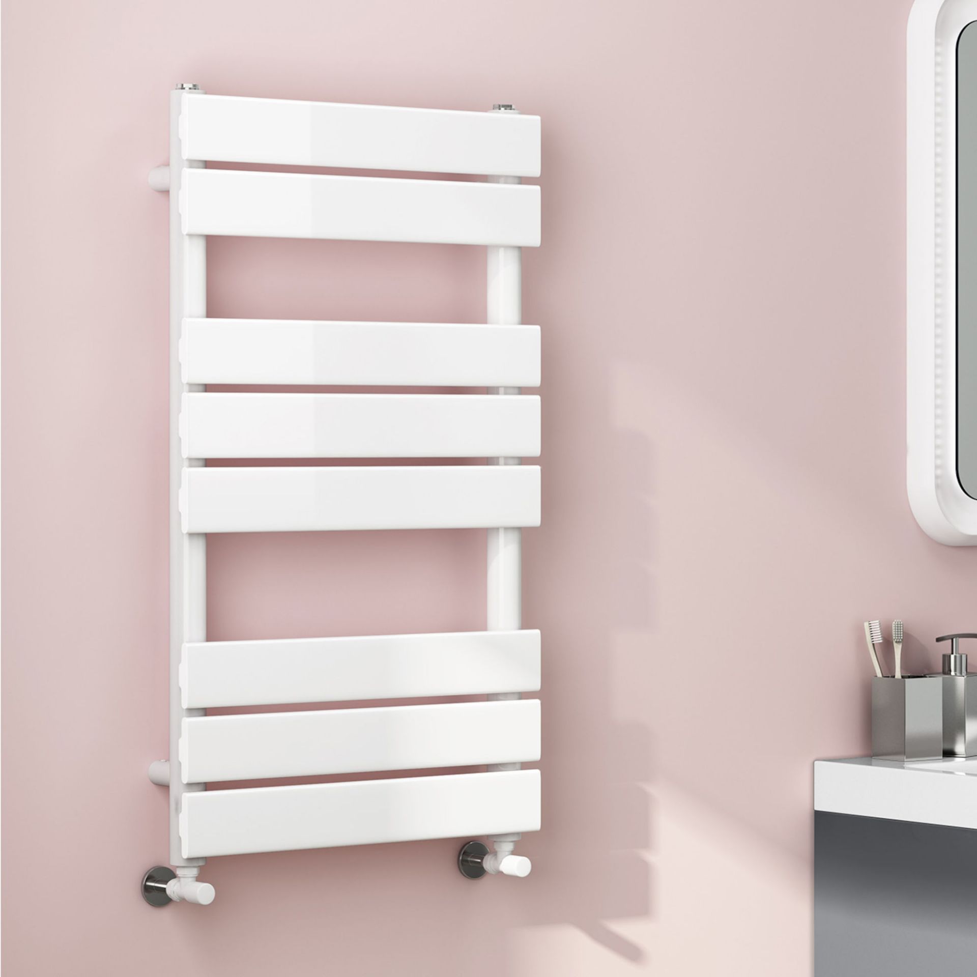 (PT50) 800x450mm White Flat Panel Ladder Towel Radiator. Made from low carbon steel with a high