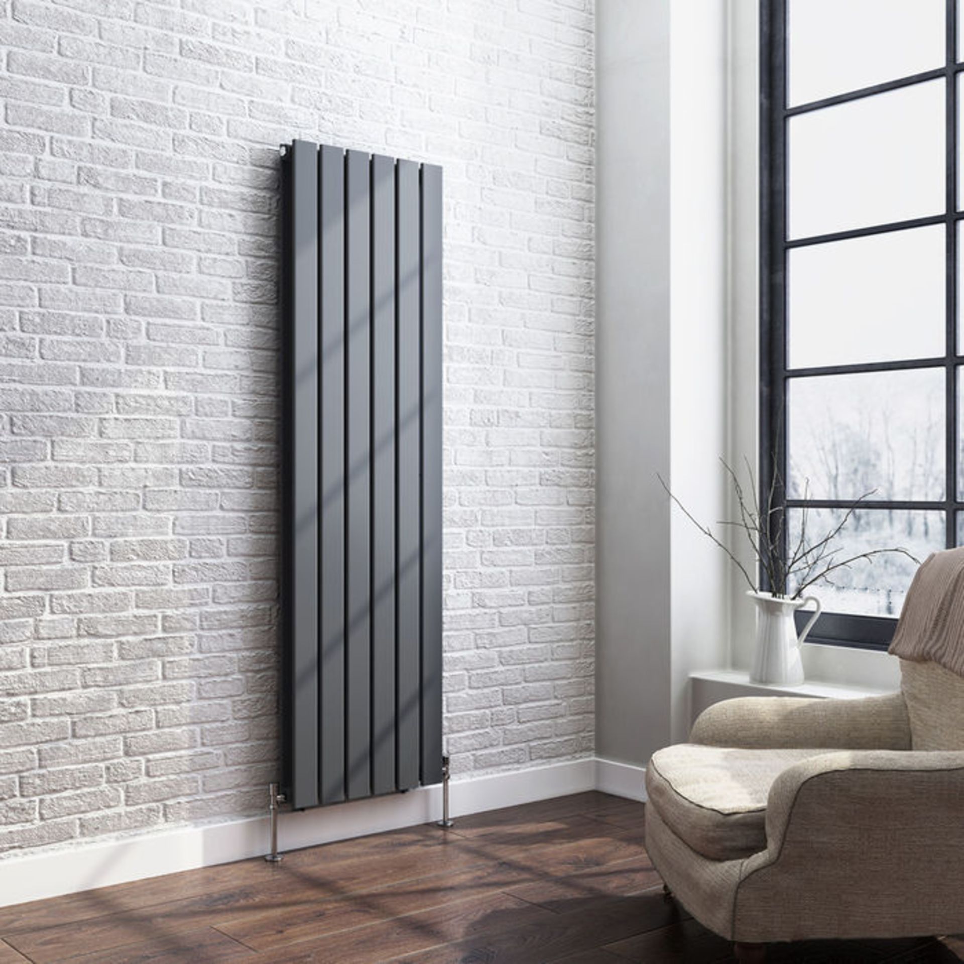 (CS17) 1600x452mm Anthracite Double Flat Panel Vertical Radiator. RRP £499.99. Made with low - Image 2 of 3