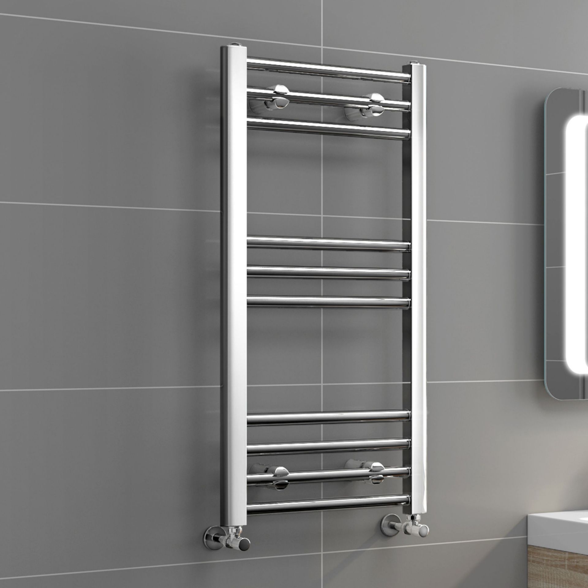 (TY49) 700x400mm - 20mm Tubes - Chrome Heated Straight Rail Ladder Towel Radiator. Low carbon
