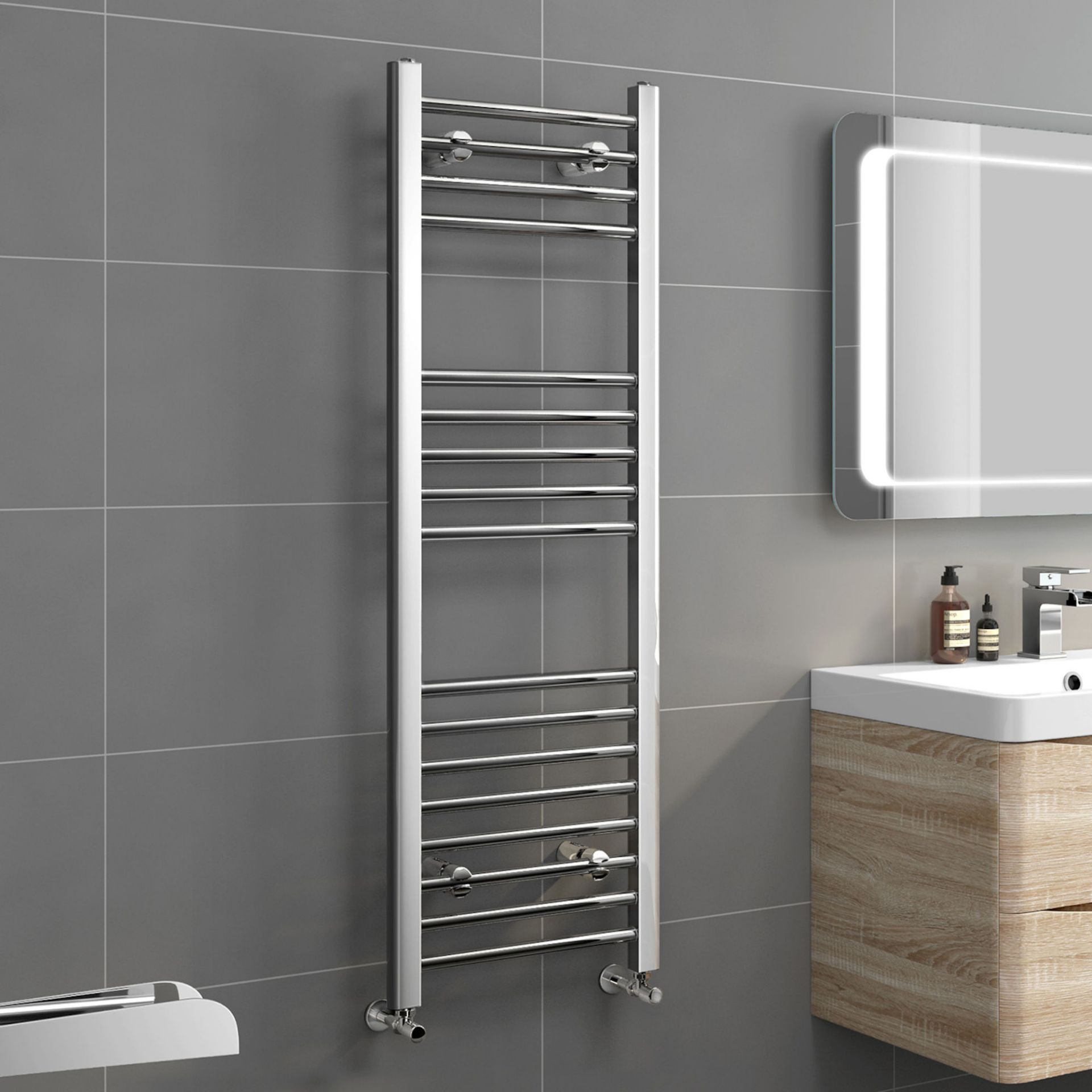 (TP28) 1200x400mm - 20mm Tubes - Chrome Heated Straight Rail Ladder Towel Radiator. Made from chrome
