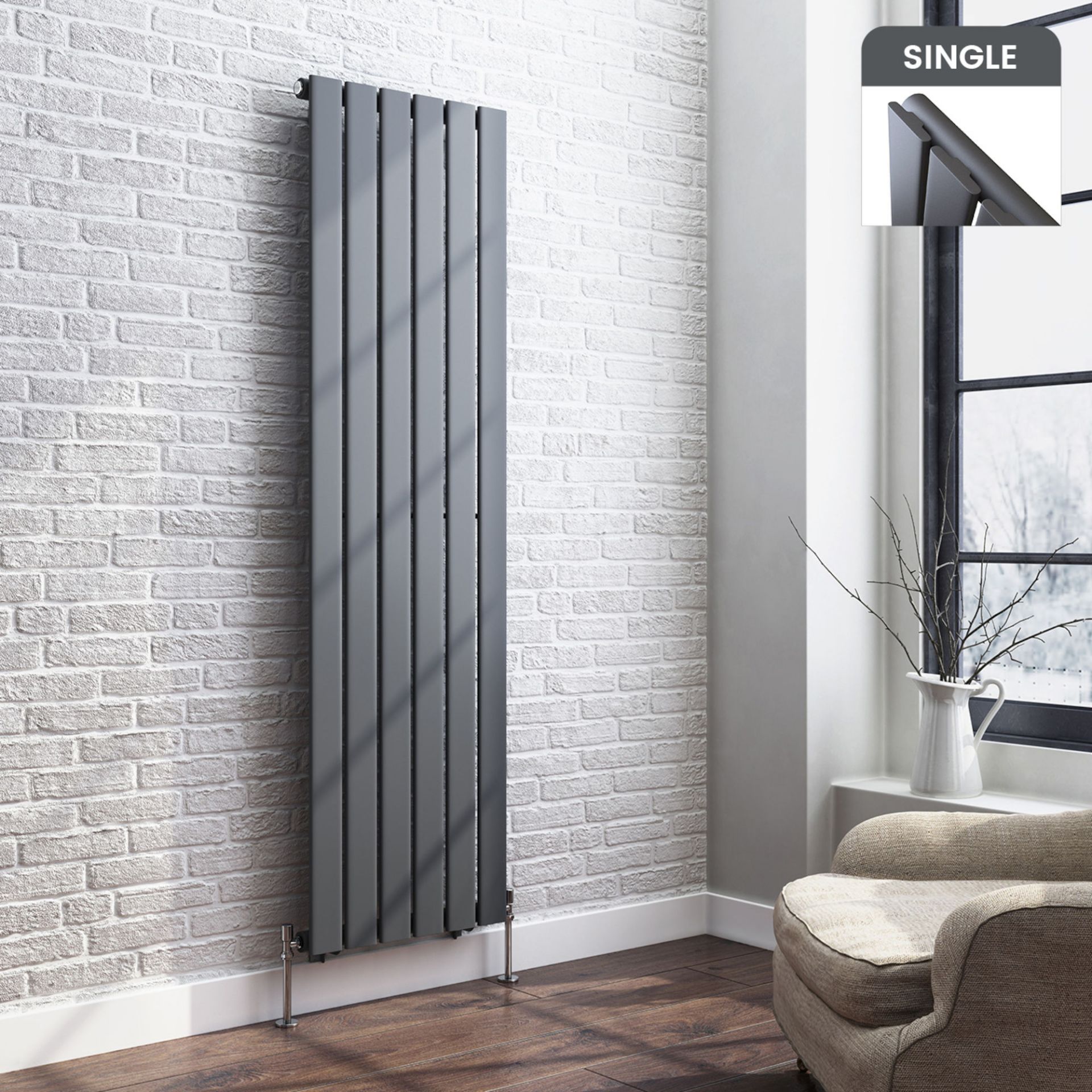 (TP140) 1600x452mm Anthracite Single Flat Panel Vertical Radiator. RRP £259.99. Made from low carbon