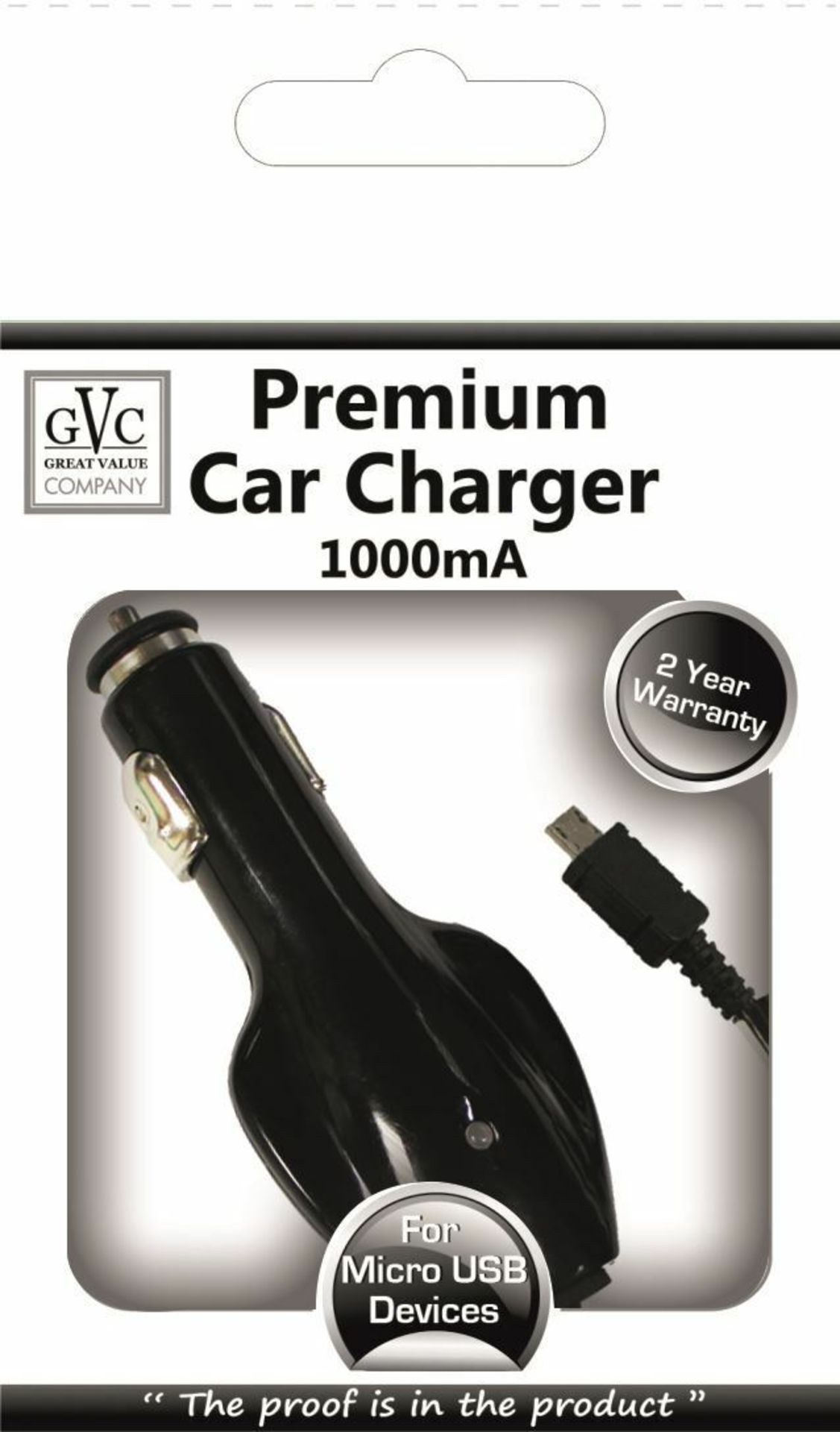 100 x GVC 1000mA Car Charger For Micro USB Devices - Black