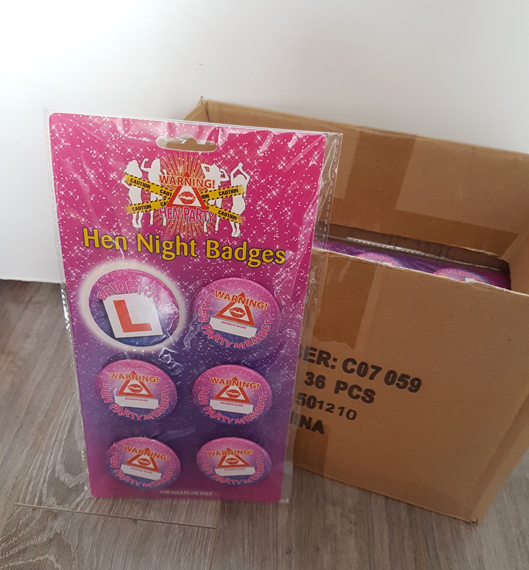 36 packs of Hen party badges, 6 badges per pack Brand New Packaged.