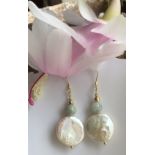 Freshwater Cultured Pearl Coin and Gemstones Jadeite Drop Earrings