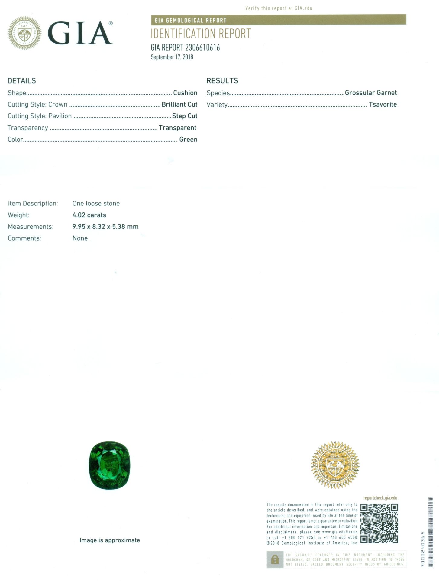 GIA Certified 4.02 ct. Tsavorite Garnet - Untreated - KENYA, EAST AFRICA - Image 2 of 7