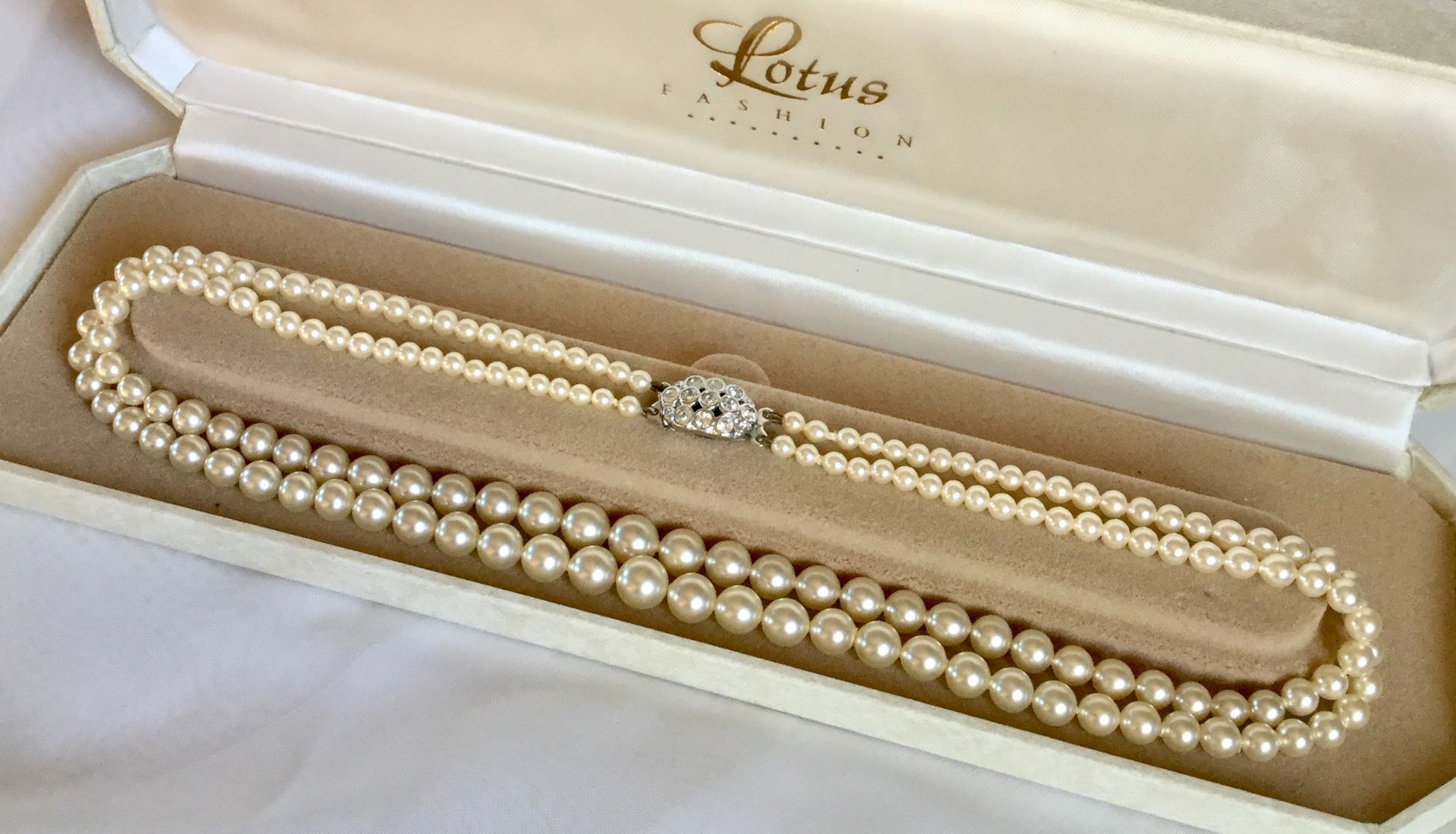 Vintage Lotus Double row 18” Pearls Diamanté Clasp marked Lotus for bride wedding