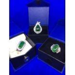 2 18ct White Gold Plated Jade Rings and Jade Pendant