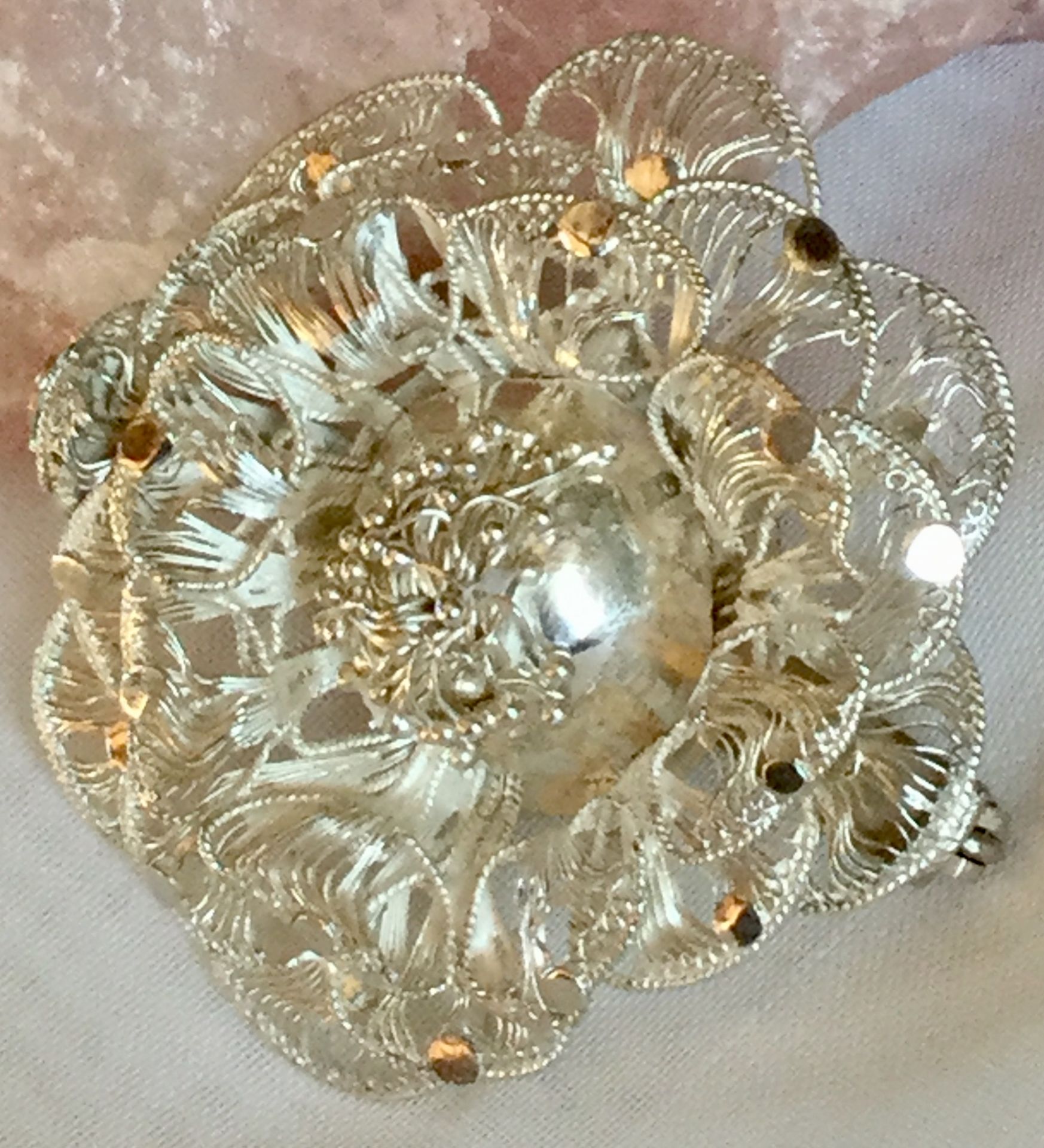 Exquisite 1920c vintage filagree work Maltese Malta Flower Brooch Silver 9.92 grm