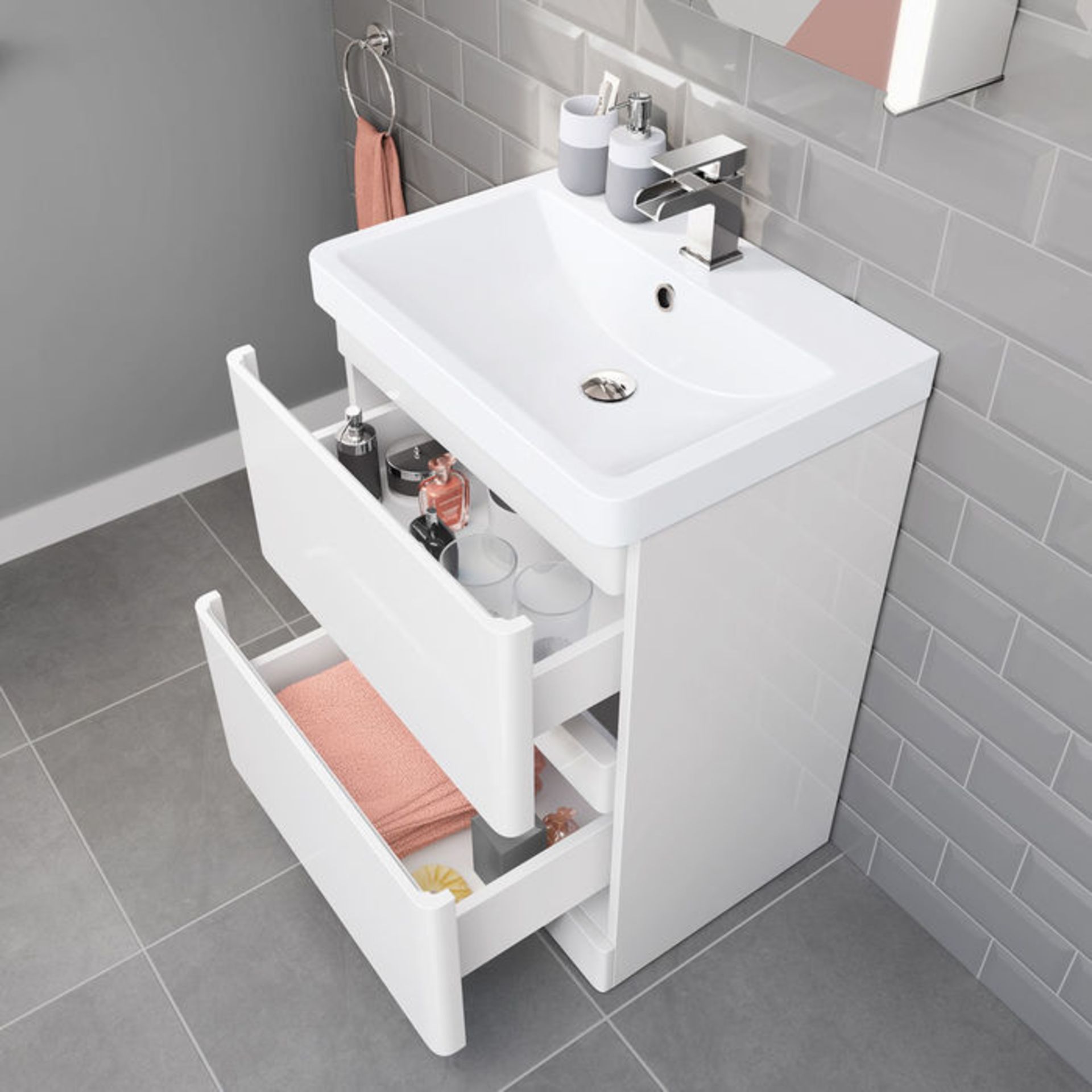 (EY139) 600mm Denver Gloss White Built In Basin Drawer Unit - Floor Standing. RRP £499.99. Comes - Image 2 of 5