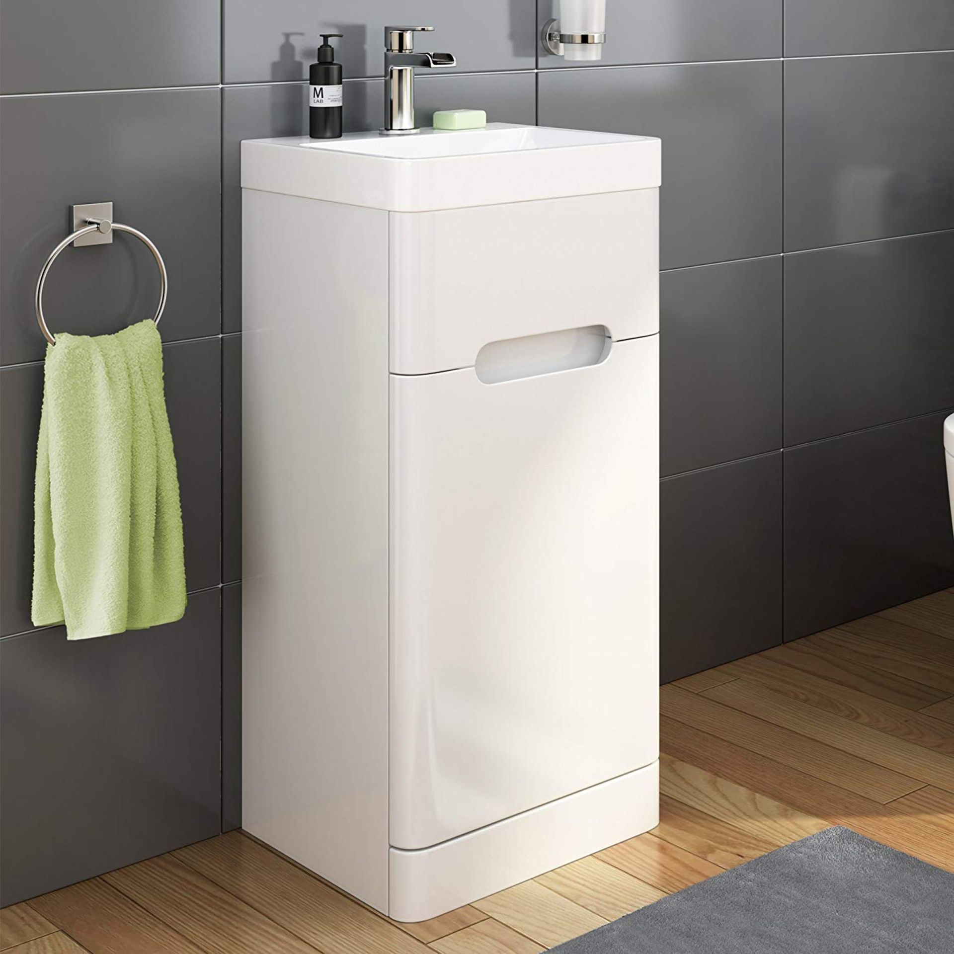 (TP83) 400 mm White Gloss Vanity Sink Unit Ceramic Basin Bathroom Furniture. RRP £349.99. Comes