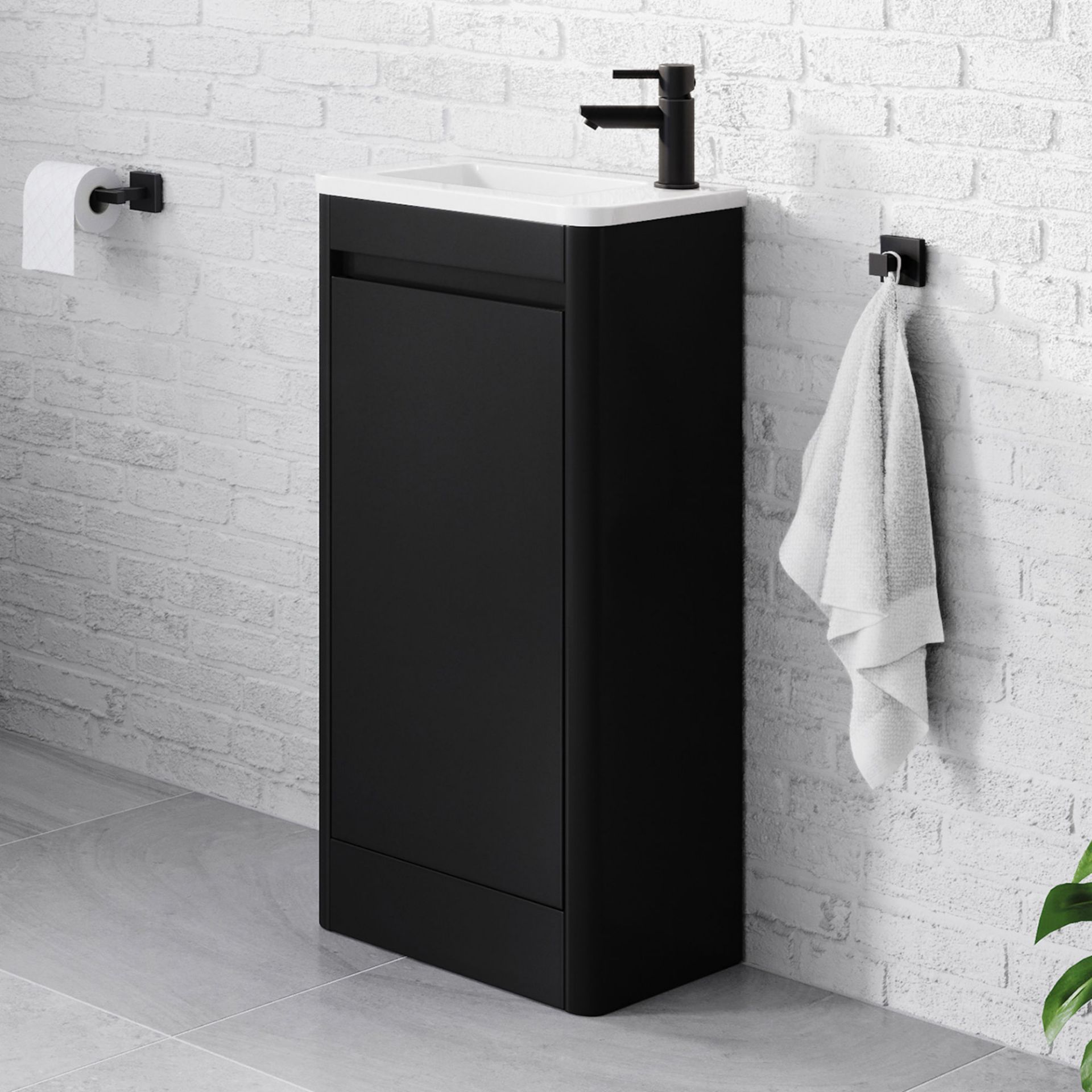 (EY43) 400mm Denver Matte Black Right Hand Cloakroom Vanity Unit - Floorstanding. RRP £349.99. Comes