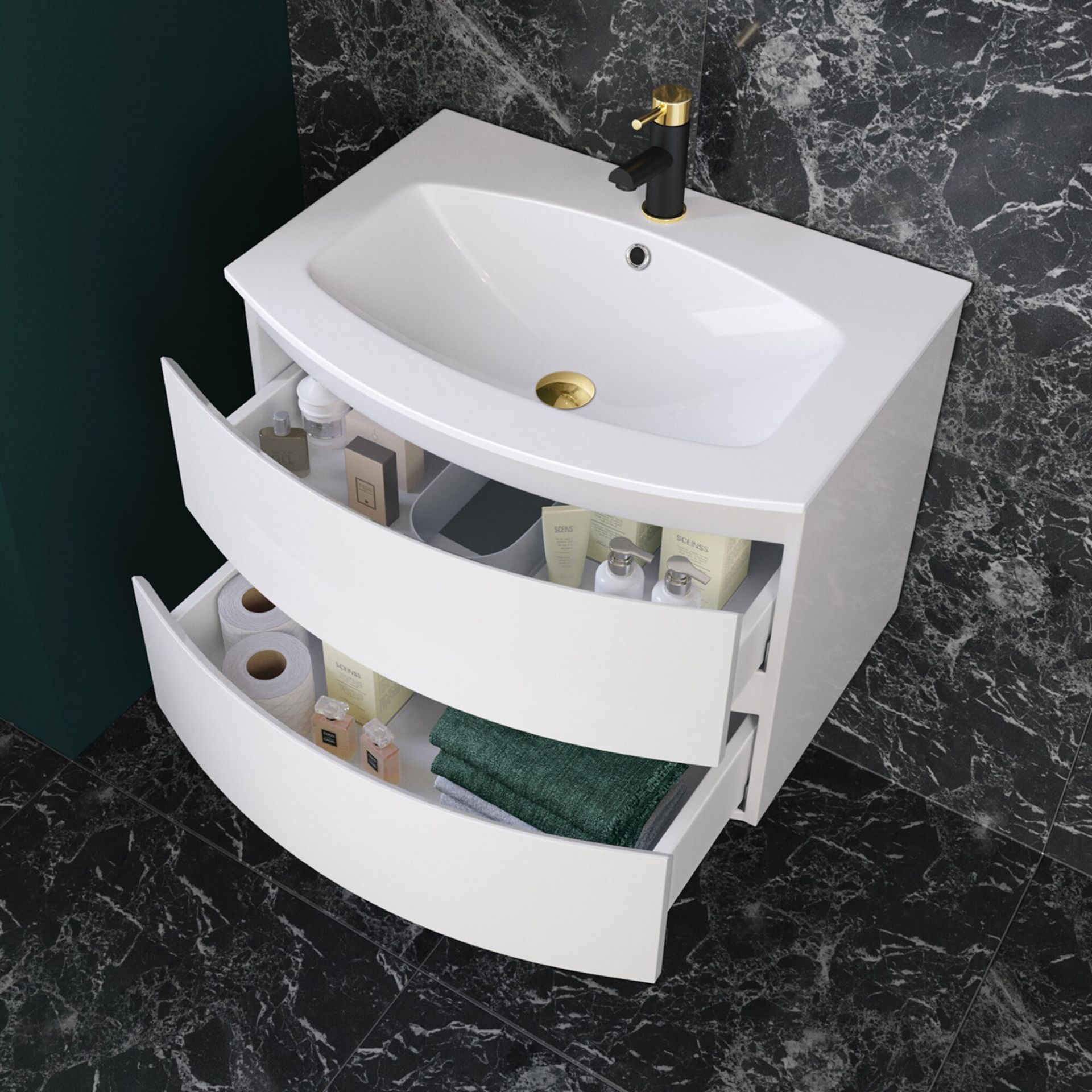 (TP6) 700mm Amelie High Gloss White Curved Vanity Unit - Wall Hung. comes complete with basin. - Image 2 of 4