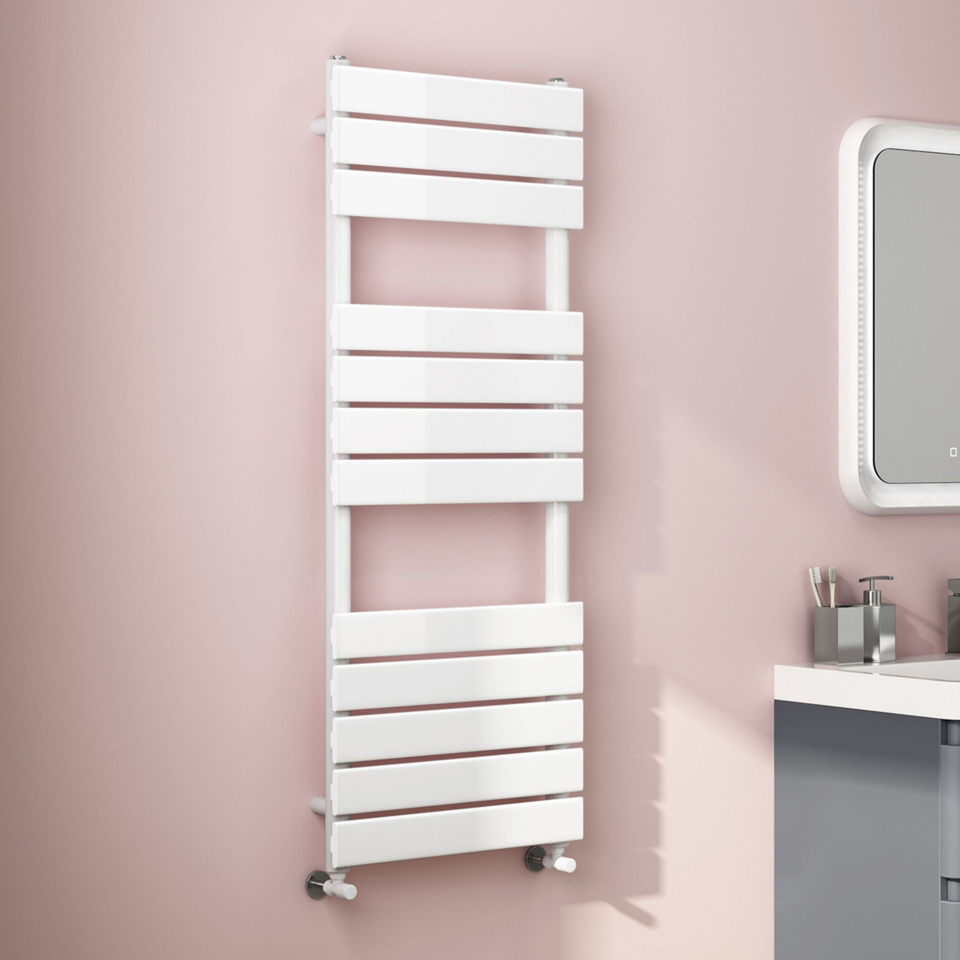 (TP92) 1200x450mm White Flat Panel Ladder Towel Radiator. Made from low carbon steel with a high