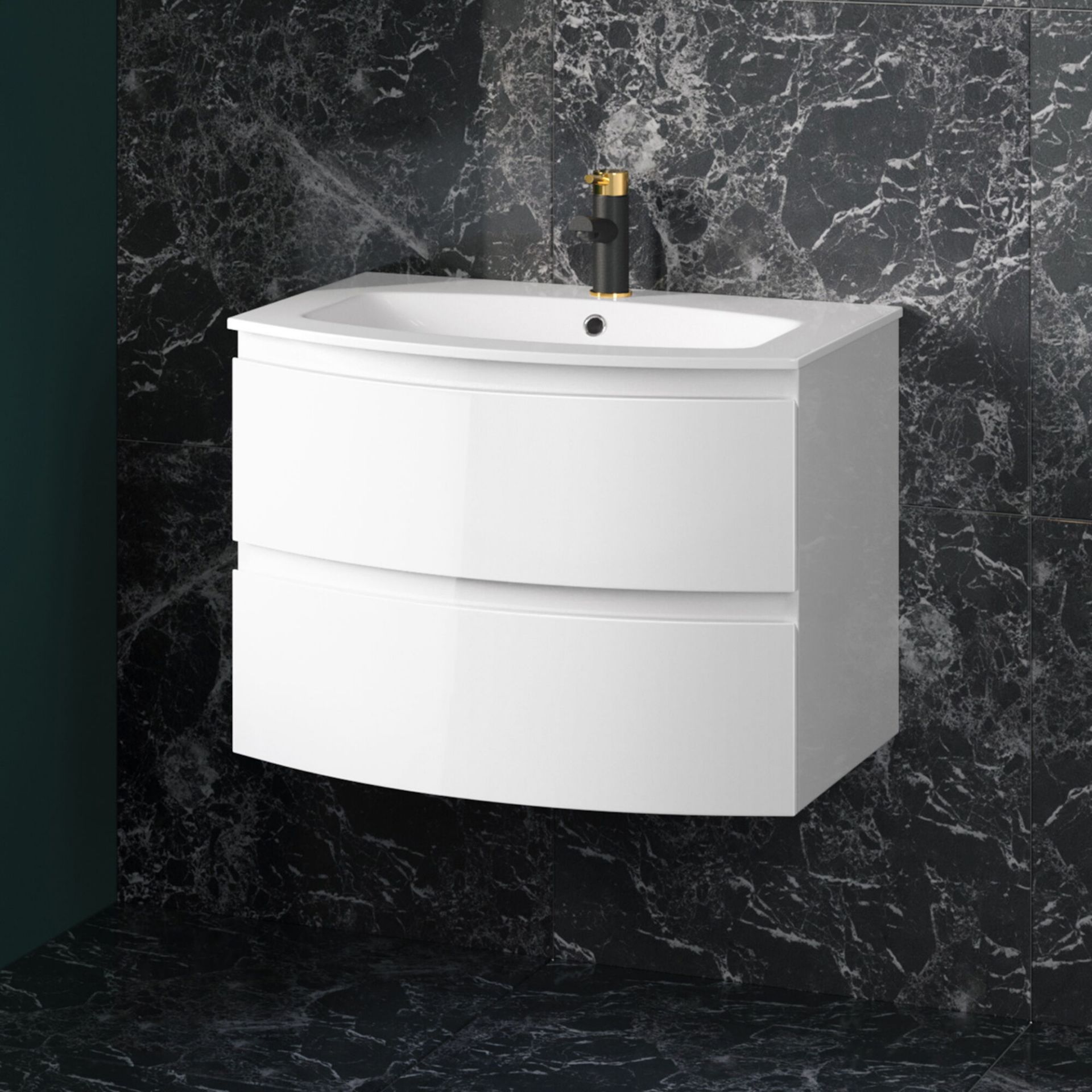 (TP6) 700mm Amelie High Gloss White Curved Vanity Unit - Wall Hung. comes complete with basin.