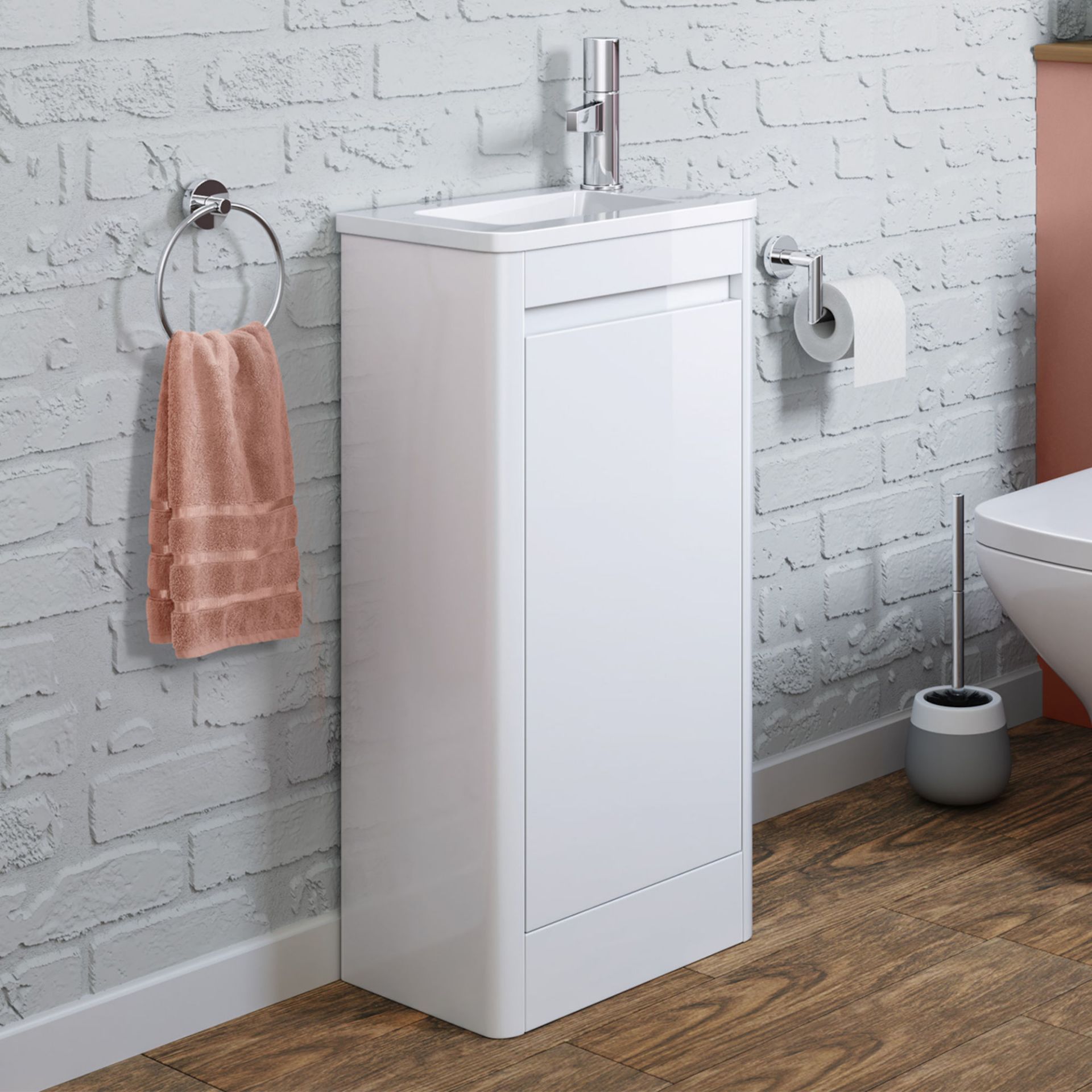 (KL23) 400mm Denver White Right Hand Cloakroom Vanity Unit - Floorstanding. RRP £399.99. Comes