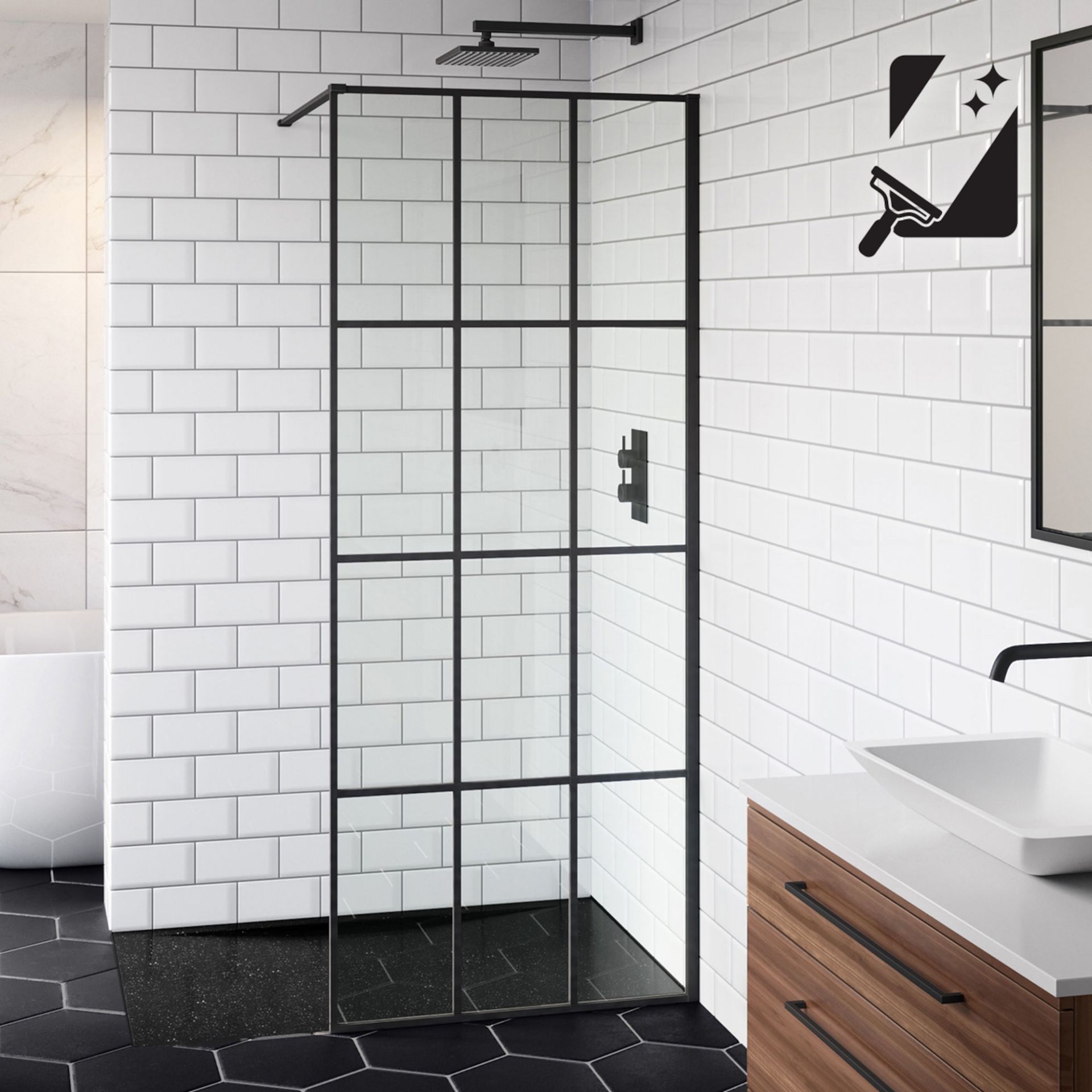 (TP224) 800mm - 8mm Designer Black Shoji Crittall Style Shower Screen. RRP £399.99. EasyClean