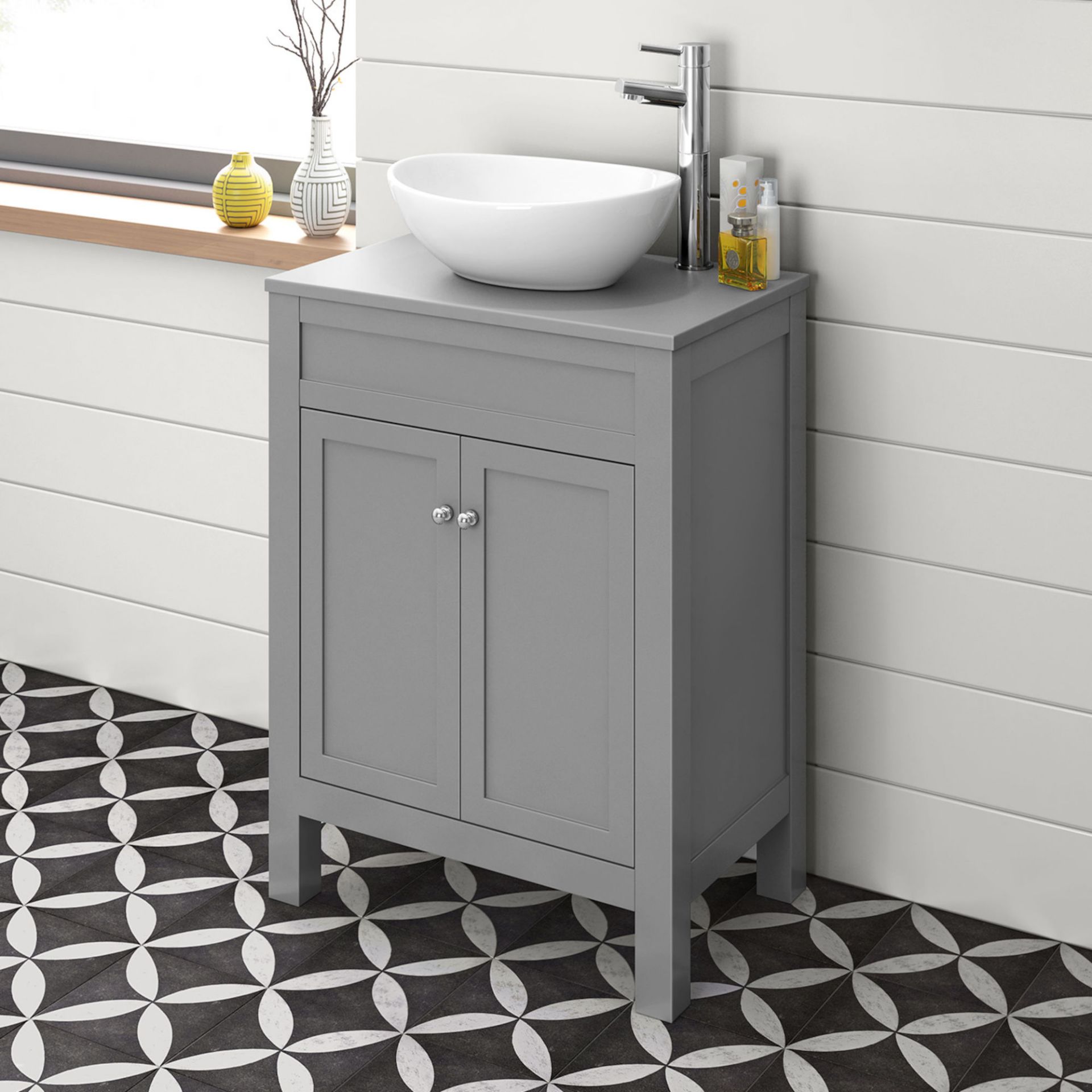 (KL87) 600mm Melbourne Grey Countertop Unit and Camila Basin - Floor Standing. RRP £499.99. Comes